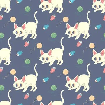 Seamless pattern of balls of thread and cat, vector illustration for fabric.. Stock Illustration