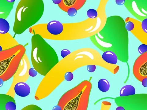 Seamless pattern with banana, blueberry, pear, papaya. Papaya with seeds. S.. Stock Illustration
