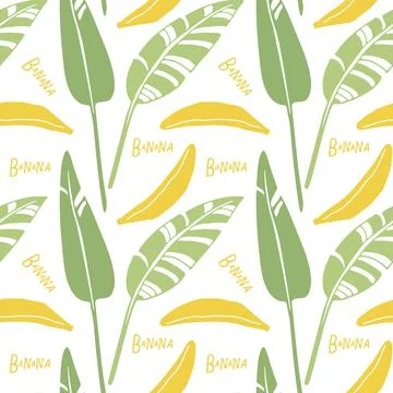 Seamless pattern Banana fruit and leaves. Childish bananas hand drawn sketch Stock Illustration