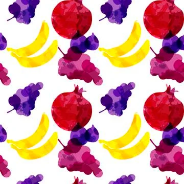 Seamless pattern with banana, grapes, fig, pomegranate with blots and stains  Illustrazione stock