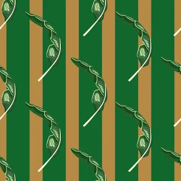 Seamless pattern banana leaf on green stripes background. Beautiful ornament  Stock Illustration