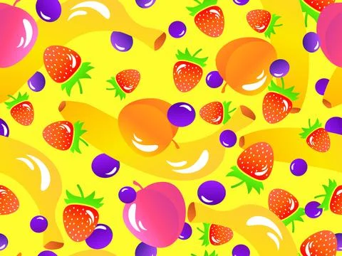 Seamless pattern with banana, strawberry, peach, blueberry. Summer exotic f.. Stock Illustration