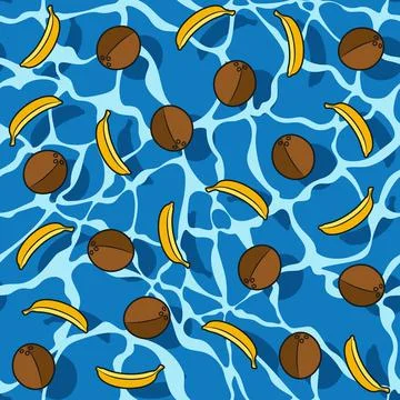 Seamless pattern with bananas and coconuts in water. Stock Illustration
