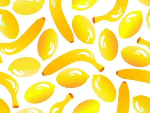 Seamless pattern with bananas and lemons in 3d style. Summer fruit mix with.. Stock Illustration