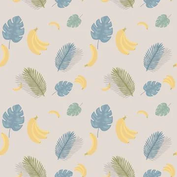 Seamless pattern with bananas and palm leaves on a beige background. Stock Illustration