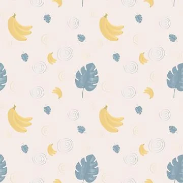 Seamless pattern with bananas and palm leaves on a beige background. Stock Illustration