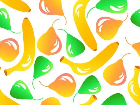 Seamless pattern with bananas and pears in 3d style. Summer fruit mix with .. Stock Illustration