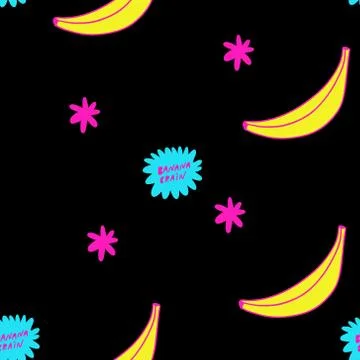 Seamless pattern with bananas and stickers on a black background. Abstract Stock Illustration