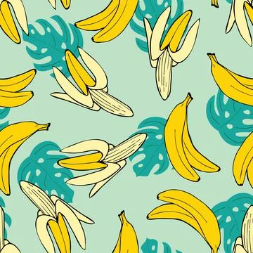 Seamless pattern with bananas and tropical leaves Stock Illustration