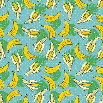 Seamless pattern with bananas and tropical leaves on polka dots Stock Illustration