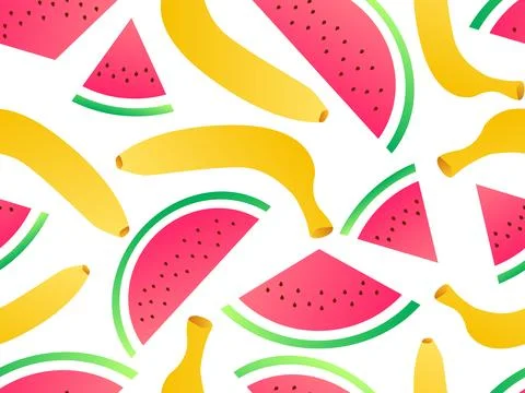 Seamless pattern with bananas and watermelon, gradient colors. Summer fruit.. 스톡 일러스트