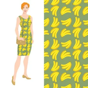 Seamless pattern with bananas on green background. Stock Illustration