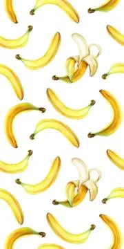 Seamless pattern with bananas isolated on white. Watercolor illustration. Stock Illustration