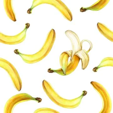 Seamless pattern with bananas isolated on white. Watercolor illustration. Stock Illustration