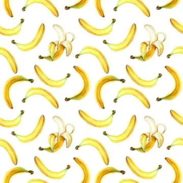 Seamless pattern with bananas isolated on white. Watercolor illustration. Stock Illustration