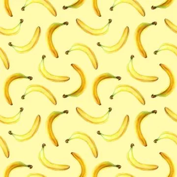 Seamless pattern with bananas isolated on yellow. Watercolor illustration. Stock Illustration