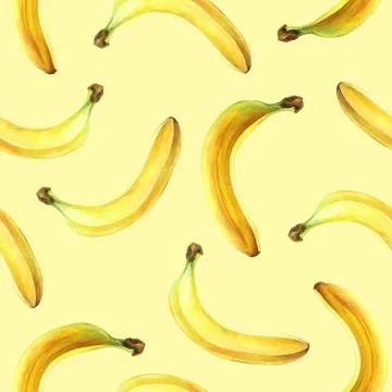 Seamless pattern with bananas isolated on yellow. Watercolor illustration. Stock Illustration