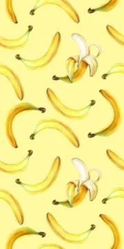 Seamless pattern with bananas isolated on yellow. Watercolor illustration. Stock Illustration