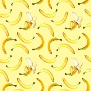 Seamless pattern with bananas isolated on yellow. Watercolor illustration. Stock Illustration