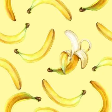 Seamless pattern with bananas isolated on yellow. Watercolor illustration. Stock Illustration