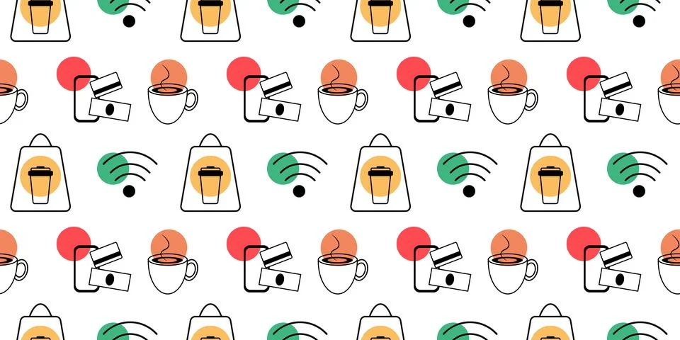 Seamless Pattern Banner Format Outline Cafe icons with multicolor round spots Stock Illustration