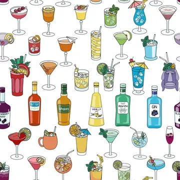 Seamless pattern with bar liquor bottles and cocktails in rainbow LGBT colors Stock Illustration
