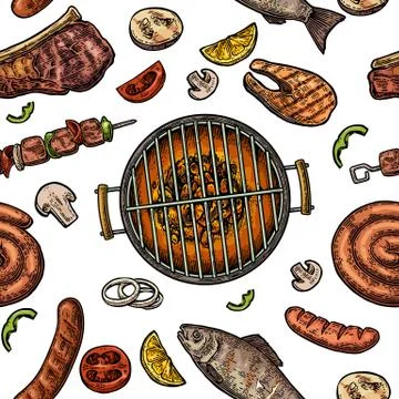 Seamless pattern barbecue grill. Top view charcoal, sausage, fish, steak. Stock Illustration