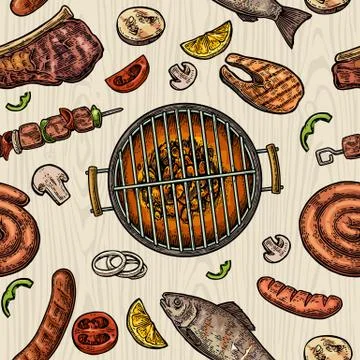 Seamless pattern barbecue grill. Top view charcoal, sausage, fish, steak. Stock Illustration