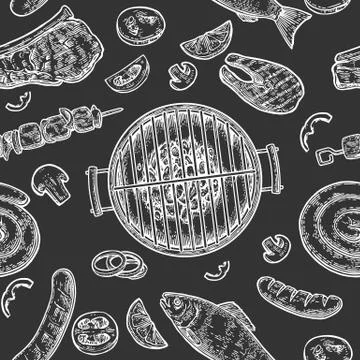 Seamless pattern barbecue grill. Top view charcoal, sausage, fish, steak. Stock Illustration