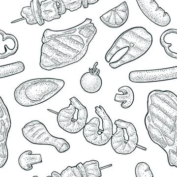 Seamless pattern barbecue grill. Top view charcoal, sausage, fish, steak. Illustrazione stock
