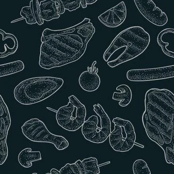 Seamless pattern barbecue grill. Top view charcoal, sausage, fish, steak. Illustrazione stock