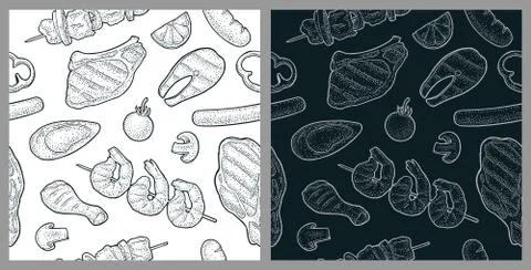 Seamless pattern barbecue grill. Top view charcoal, sausage, fish, steak. Illustrazione stock