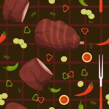 Seamless pattern with barbecue meat. Grilled beef and fried pork leg with sau Stock Illustration