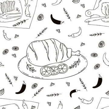Seamless pattern with barbecue meat. Grilled beef and fried pork leg on whi.. Stock Illustration