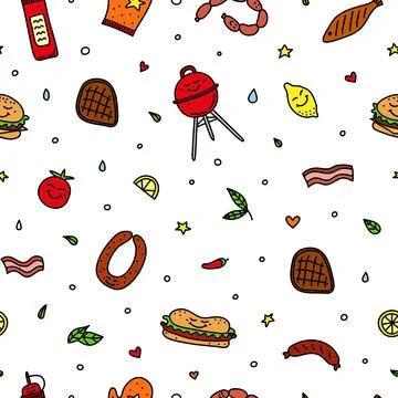 Seamless pattern with barbecue, picnic icons. Illustrazione stock