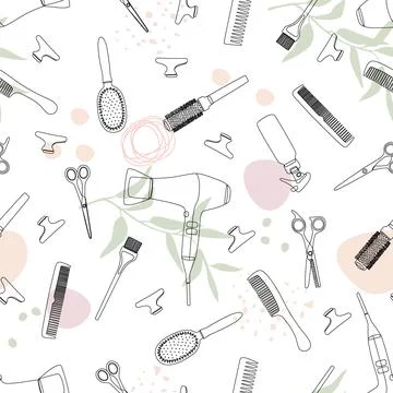 Seamless pattern with barber tools with abstract shapes and twigs.Linear art of Stock Illustration