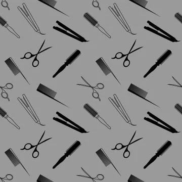 Seamless pattern with barber tools on grey background: round comb, hairbrush, Stock Illustration