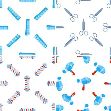 Seamless pattern with barber tools showing combs, scissors, hairdryer and barber Illustration