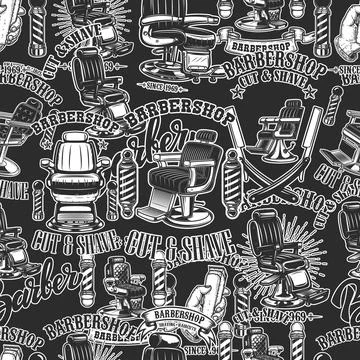 Seamless pattern with barbershop design elements in monochrome style. Design  Stock Illustration