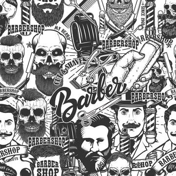 Seamless pattern with barbershop design elements in monochrome style. Design  イラスト素材