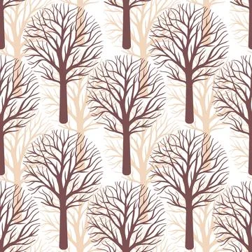 Seamless pattern of bare trees in earthy tones, featuring intricate branch .. Stock Illustration