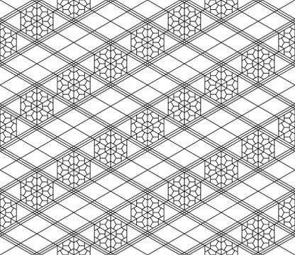 Seamless pattern based on japanese woodwork art.Black and white color. Stock Illustration
