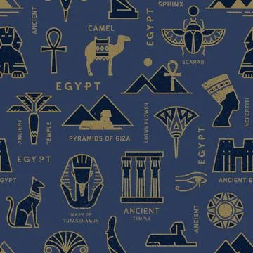 A seamless pattern based on the symbols of ancient Egypt. Cats, lotus flowers Stock Illustration