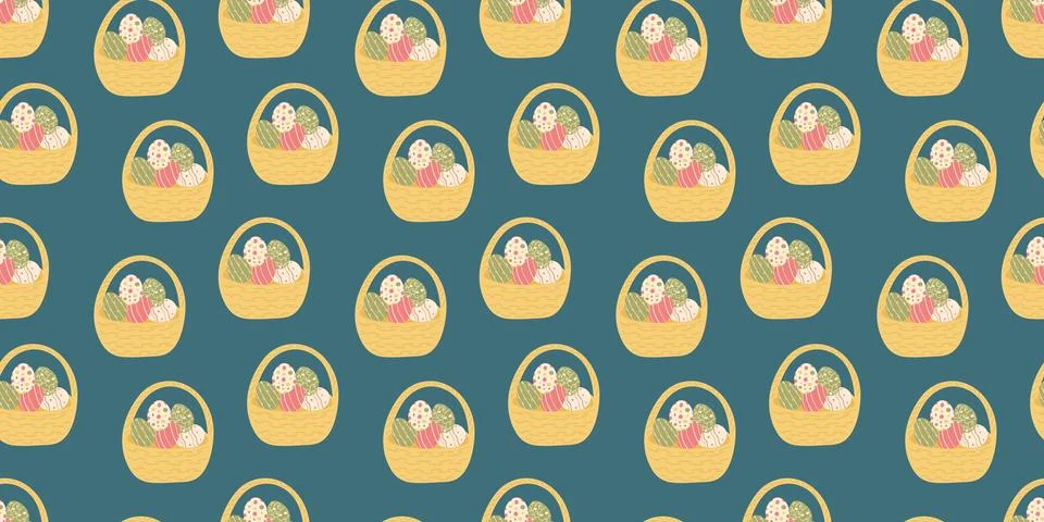 Seamless Pattern of Basket with Easter eggs in flat style. Endless spring des Stock Illustration