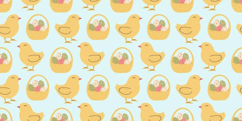 Seamless Pattern of Basket with Easter eggs and Chick in flat style. Endles.. Stock Illustration