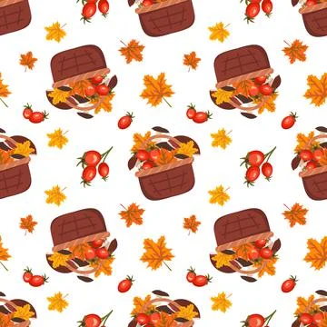 Seamless pattern with a basket with mushrooms, maple leaves and rose hips Stock Illustration