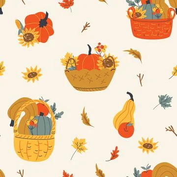 Seamless pattern of baskets with colorful sunflowers, berry, pumpkins, squash イラスト素材