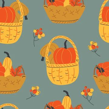 Seamless pattern of baskets with pumpkins, squash, gourds and fall berry Stock Illustration