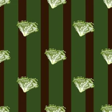 Seamless pattern Batavia salad on brown striped background.Simple ornament wi Stock Illustration