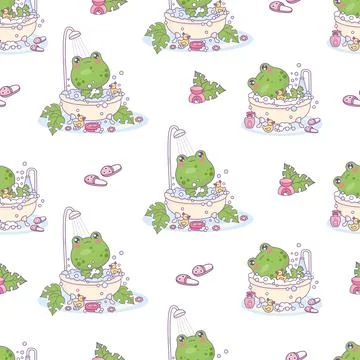 Seamless pattern with bathing cute frogs. Funny cartoon animal character ba.. Stock Illustration